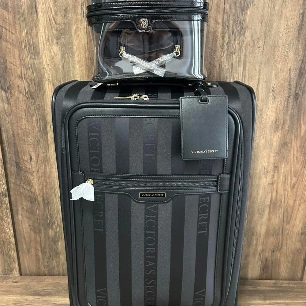 Victoria's Secret black striped suitcase and 4 pcs train case